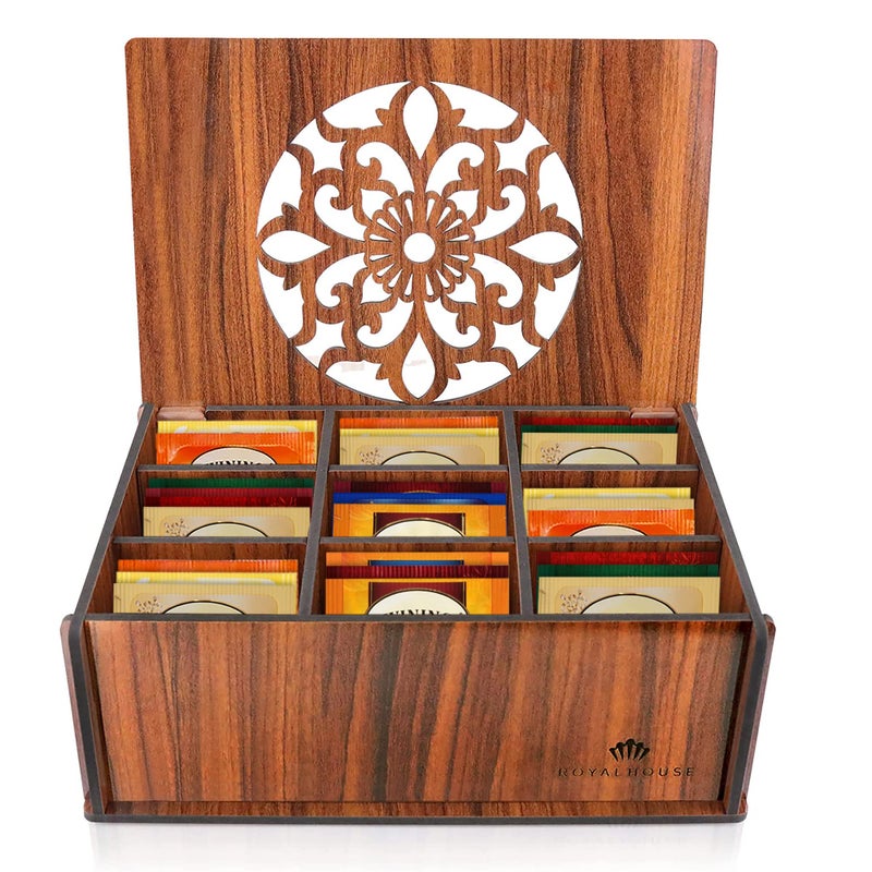 RoyalHouse منظم صندوق تخزين الشاي من الخشب الفاخر (Mdf الصلب) من Royalhouse (بني) صندوق مزخرف متعدد الوظائف صديق للبيئة، 9 مقصورات لمجموعة متنوعة من أكياس الشاي والأشياء الصغيرة - Image 1