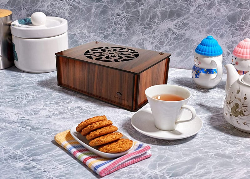RoyalHouse منظم صندوق تخزين الشاي من الخشب الفاخر (Mdf الصلب) من Royalhouse (بني) صندوق مزخرف متعدد الوظائف صديق للبيئة، 9 مقصورات لمجموعة متنوعة من أكياس الشاي والأشياء الصغيرة - Image 5