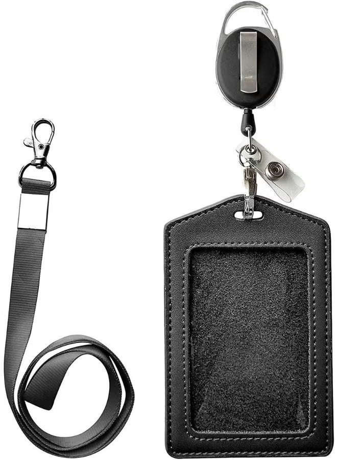 Leather ID Card Case Badge Holders with Clear ID Window Detachable Neck Lanyard Strap and Retractable Badge Reel ID Card Holders Office Badges Accessories Set-Black - Image 1
