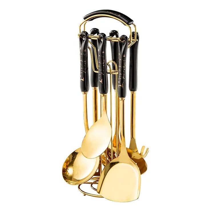 On Da House On Da House Cookware Serving Spoon Gold Plated Stainless Steel Kitchen Ladle Set with Stand Ceramic Handle 6 pcs Black Golden - Image 1