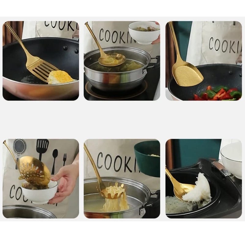 On Da House On Da House Cookware Serving Spoon Gold Plated Stainless Steel Kitchen Ladle Set with Stand Ceramic Handle 6 pcs Black Golden - Image 5