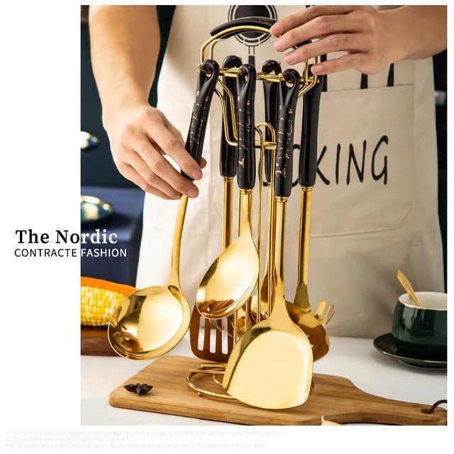 On Da House On Da House Cookware Serving Spoon Gold Plated Stainless Steel Kitchen Ladle Set with Stand Ceramic Handle 6 pcs Black Golden - Image 2