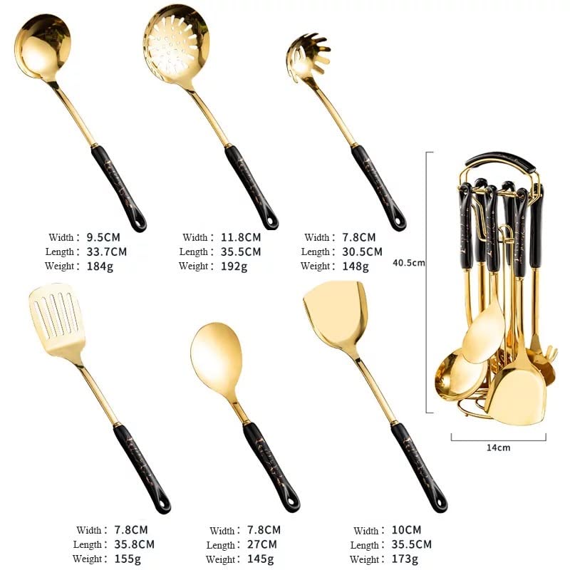 On Da House On Da House Cookware Serving Spoon Gold Plated Stainless Steel Kitchen Ladle Set with Stand Ceramic Handle 6 pcs Black Golden - Image 4