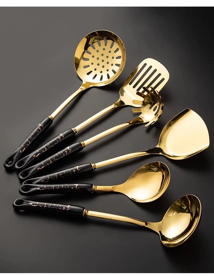 On Da House On Da House Cookware Serving Spoon Gold Plated Stainless Steel Kitchen Ladle Set with Stand Ceramic Handle 6 pcs Black Golden - Image 3