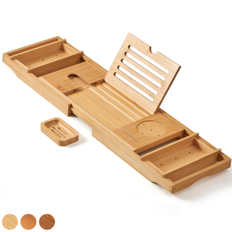 XcE XcE Bathtub Caddy Tray Expandable to 105cm with Bamboo Book Stand and Soap Tray Natural 