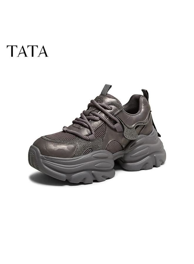 Tata Fleece-lined Women's Shoes  Spring New Height-increasing Casual Dad Sneakers Purple Gray (single Lining) Size 38 - Image 3