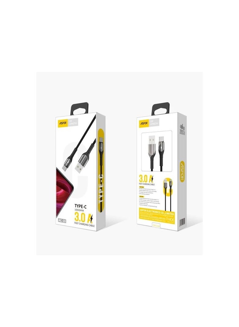 أسبور كابل Aspor AC-10 USB-C طوله 1 متر أسود  - Image 1