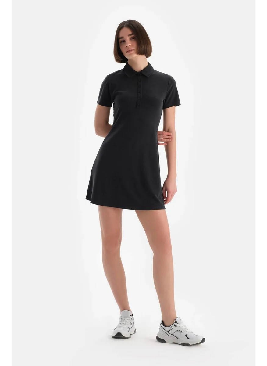داجي Black Women's Modal Half Sleeve Front Button Dress