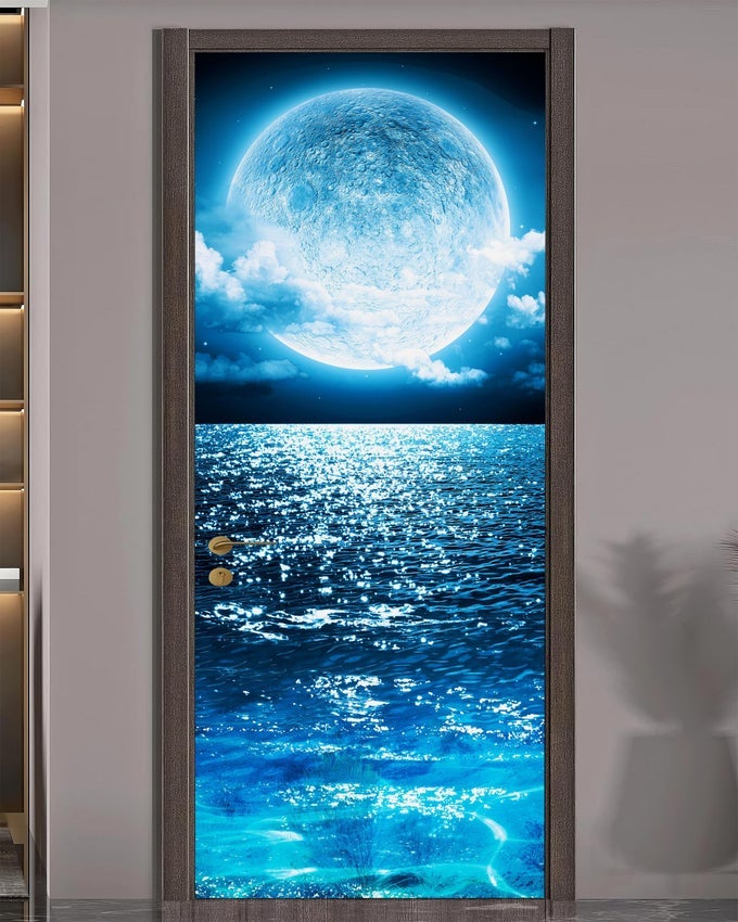DOOR STICKER DOOR MURAL PEEL AND STICK REMOVABLE SELFADHESIVE OCEAN MOON WALLPAPER FOR HOME DECOR 303 W X 787 L SET OF 2 SHEETS
