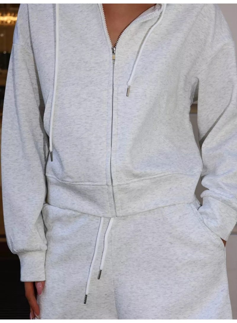 NIBEMINENT Spring Fall Fashion Sport Sets Women's Simple Cardigan Hooded Top & Shorts Set Two-piece Casual Tracksuit Streetwear 2pcs - Image 1