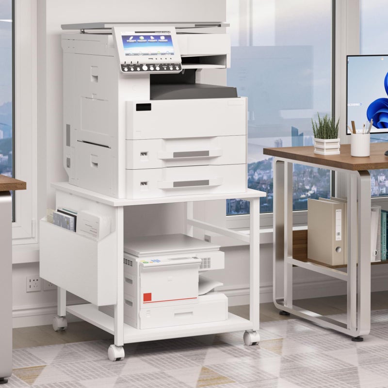 Lerliuo Large Printer Stand with Storage Shelf, 23.6 x 23.6 x 22.8 Industrial Printer Table for Home Office, Rolling Printer Cart Holder with Lockable Wheels, Mobile Mini Fridge Stand Table (White) - Image 3