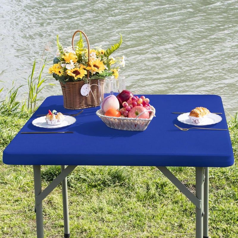 Nacuci Square Fitted Table Cover Elastic Tablecloth Stretch Spandex Table Top Cover Tables Topper Cap for Dining Kitchen Home Party Blue 34X34 Inch - Image 2