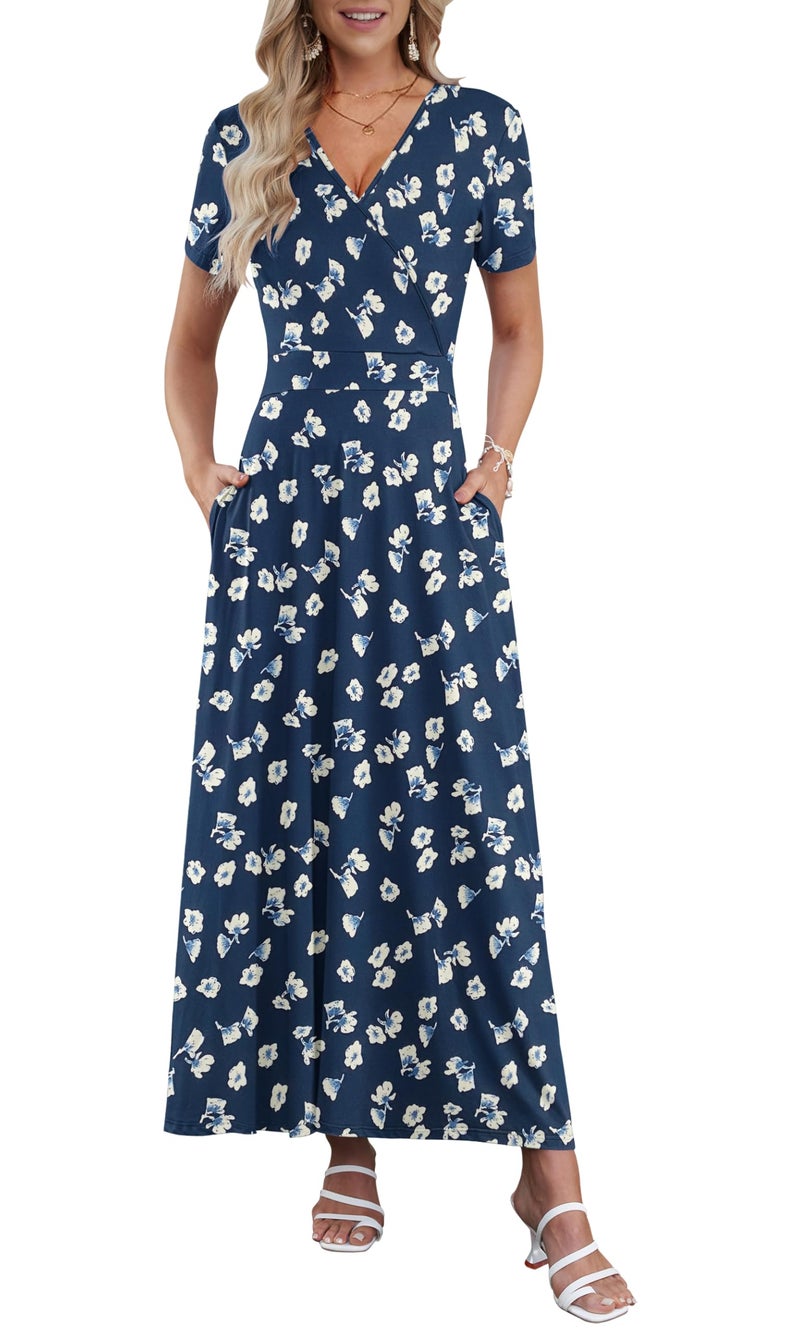 AUSELILY Maxi Dresses for Women Ankle Length Floral Print Beach Long Flowy Dress with Pockets Navy Flower M - Image 1