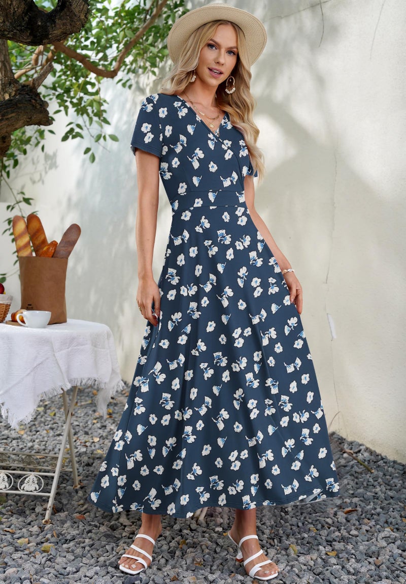 AUSELILY Maxi Dresses for Women Ankle Length Floral Print Beach Long Flowy Dress with Pockets Navy Flower M - Image 3