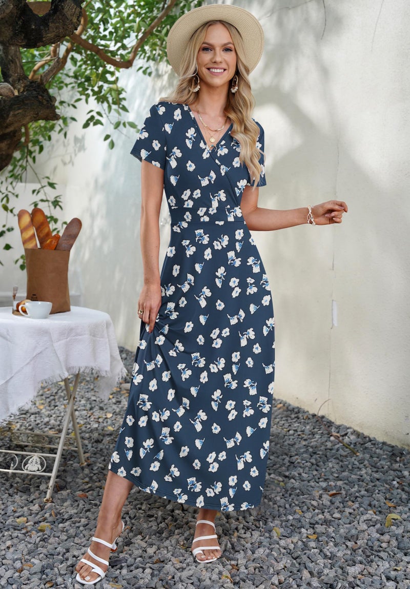 AUSELILY Maxi Dresses for Women Ankle Length Floral Print Beach Long Flowy Dress with Pockets Navy Flower M - Image 4