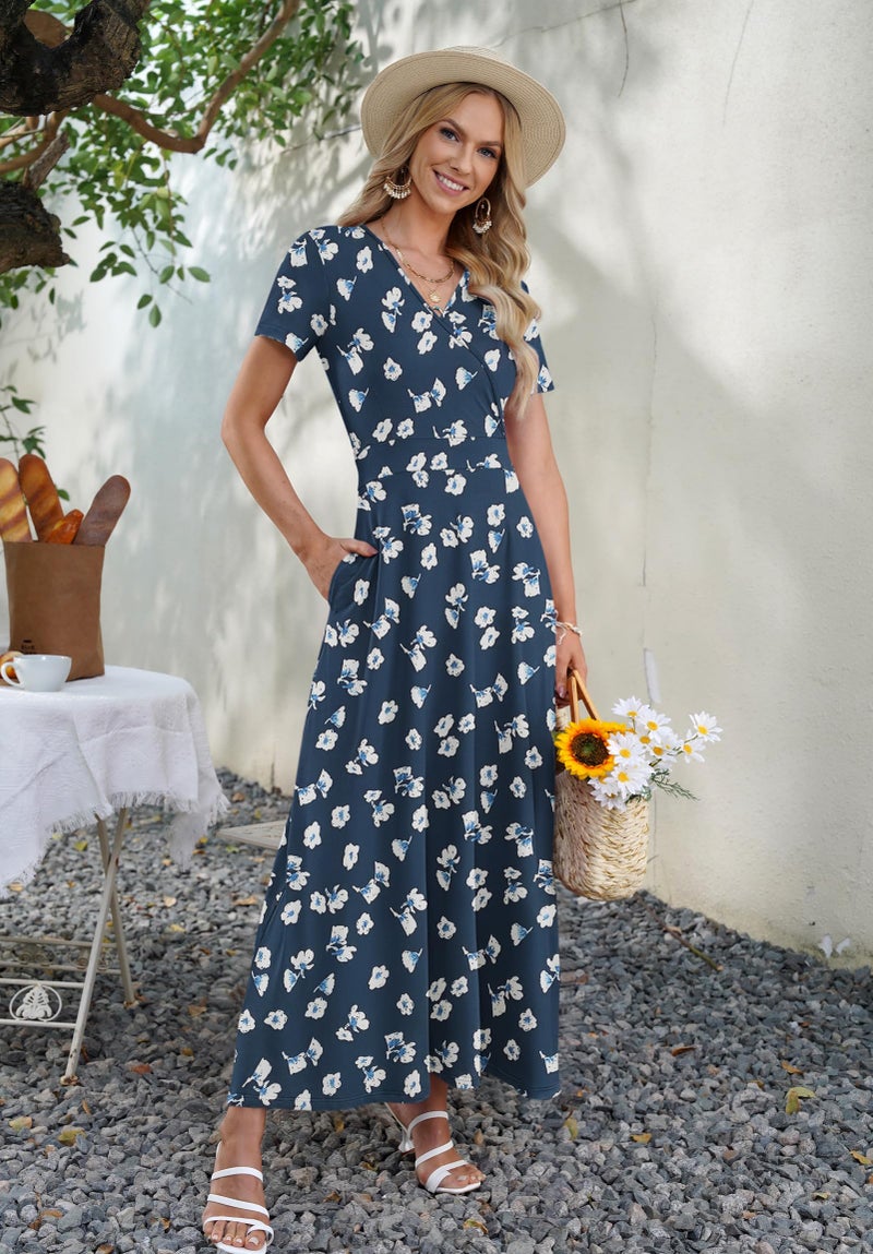 AUSELILY Maxi Dresses for Women Ankle Length Floral Print Beach Long Flowy Dress with Pockets Navy Flower M - Image 5