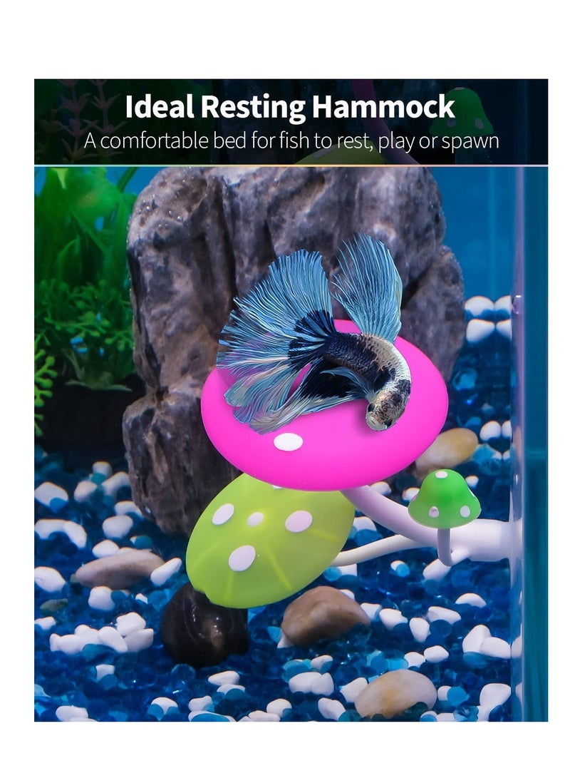 Betta Mushroom Hammock Soft Aquarium Rest Bed Fish Breeding Playing Pad with Suction Cup Silicone Ornament Decoration Colorful Lifelike Decor for Tank Landscape, 2 Pack