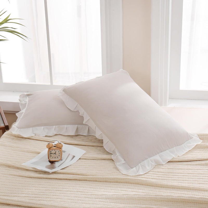 Merryword Merryword Beige Pillow Shams Beige and White Reversible King Pillowcases Cute Pillow Cover Set of 2 Soft Shabby Chic Ruffled Pillowcases 2 Pack (King (20''x36'')  Beige White)  - Image 3