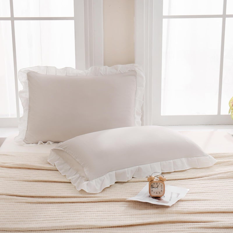 Merryword Merryword Beige Pillow Shams Beige and White Reversible King Pillowcases Cute Pillow Cover Set of 2 Soft Shabby Chic Ruffled Pillowcases 2 Pack (King (20''x36'')  Beige White)  - Image 5