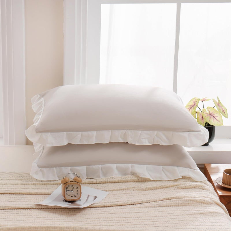 Merryword Merryword Beige Pillow Shams Beige and White Reversible King Pillowcases Cute Pillow Cover Set of 2 Soft Shabby Chic Ruffled Pillowcases 2 Pack (King (20''x36'')  Beige White)  - Image 2