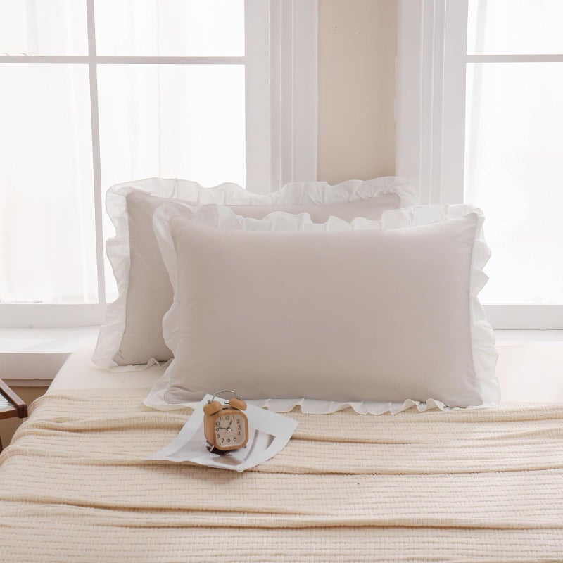 Merryword Merryword Beige Pillow Shams Beige and White Reversible King Pillowcases Cute Pillow Cover Set of 2 Soft Shabby Chic Ruffled Pillowcases 2 Pack (King (20''x36'')  Beige White)  - Image 4