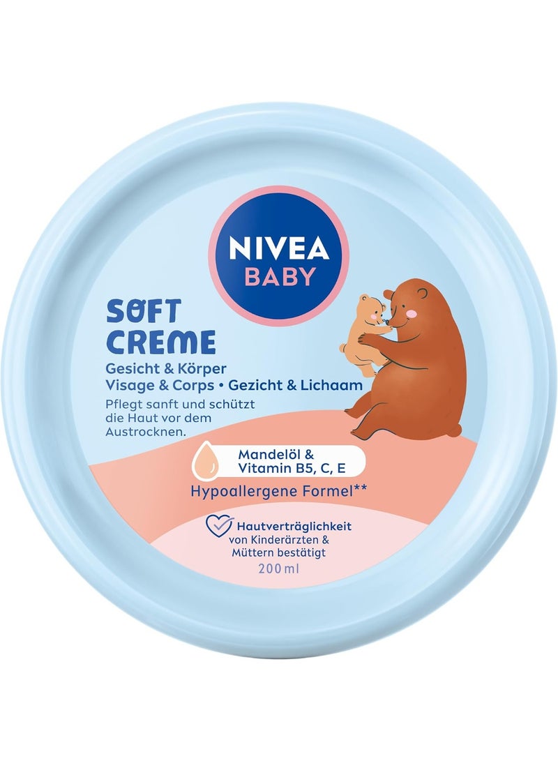 NIVEA Baby Soft Care Cream - Vegan and Hypoallergenic, Protects and Strengthens, Moisturising for Babies With Almond Oil and Vitamins, No Microplastics and Parabens (200 ml)