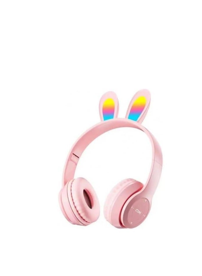 Rabbit Ear Headphone B12 New Wireless Cute Bluetooth Earphone With LED Light Pink  - Image 1