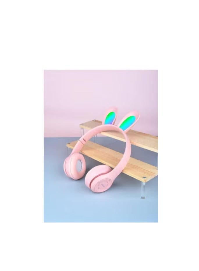 Rabbit Ear Headphone B12 New Wireless Cute Bluetooth Earphone With LED Light Pink  - Image 3