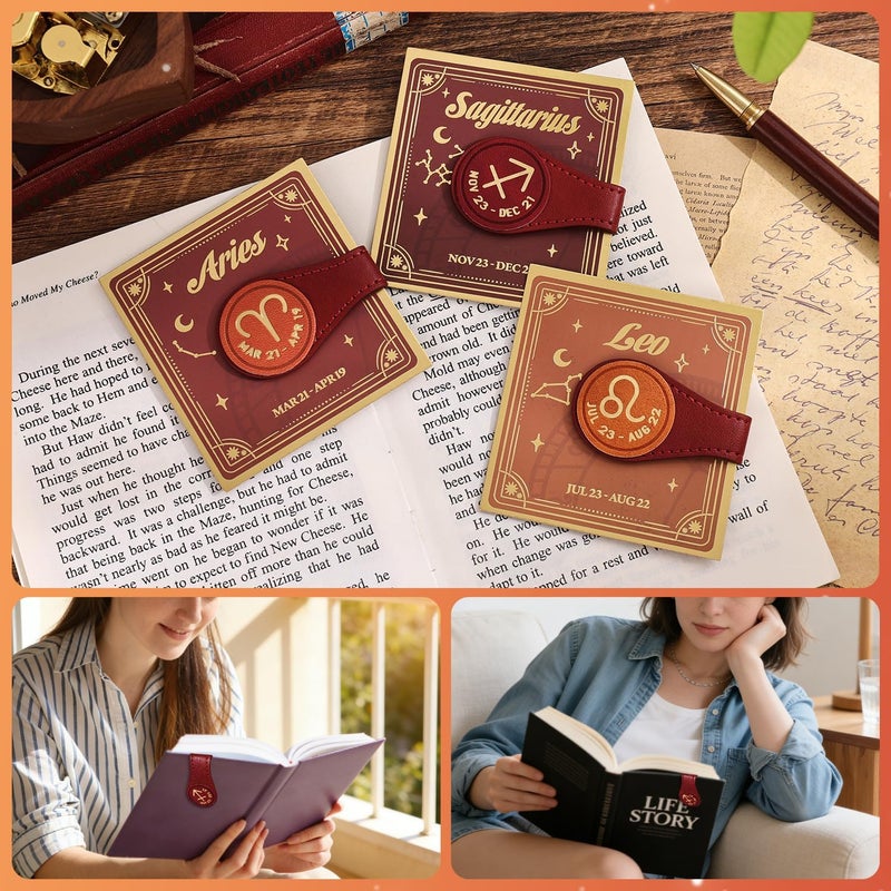 emmoolife 3PCS Leather Magnetic Bookmark Clips, Zodiac PU Leather Bookmarks for Book Lovers, Full Set of Book Clip Accessories, Fire Sign - Image 5