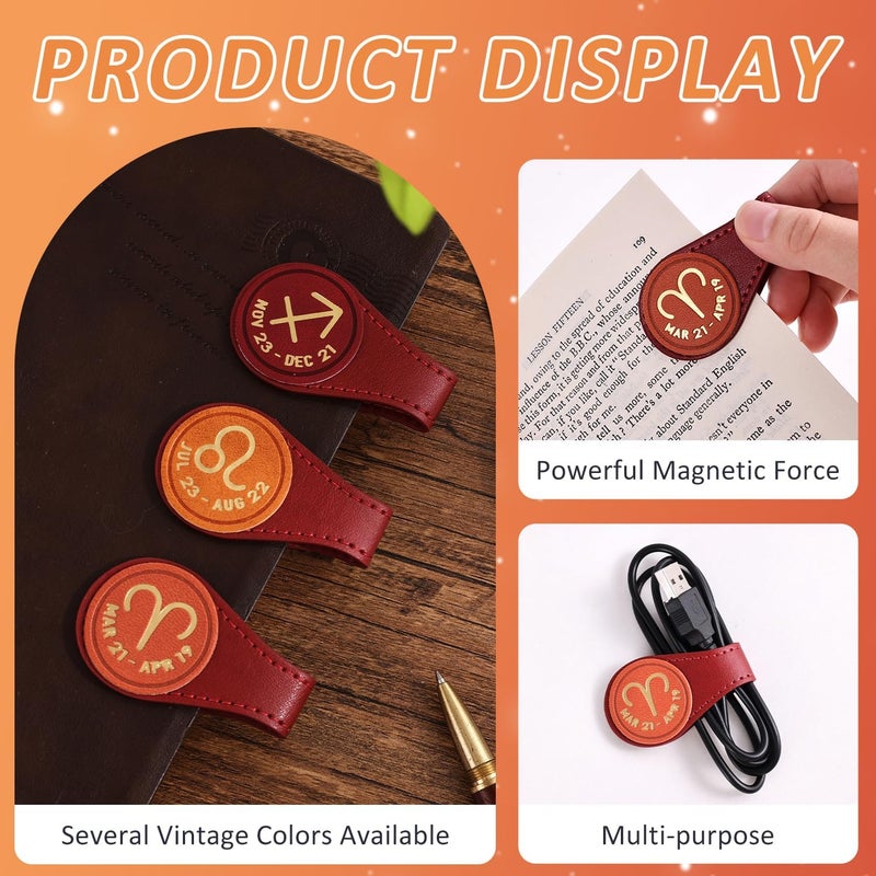 emmoolife 3PCS Leather Magnetic Bookmark Clips, Zodiac PU Leather Bookmarks for Book Lovers, Full Set of Book Clip Accessories, Fire Sign - Image 3