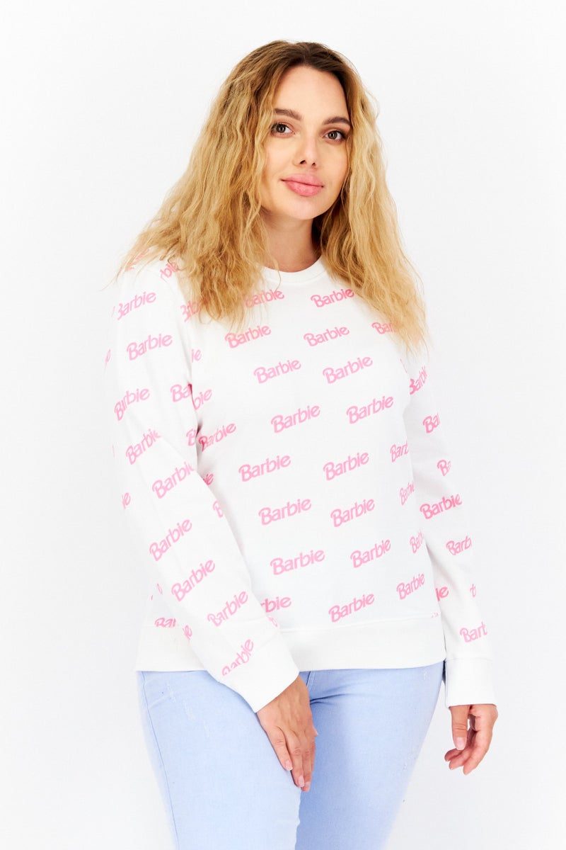 Barbie Women Crew Neck Long Sleeve Brand Logo Sweatshirt, White - Image 1