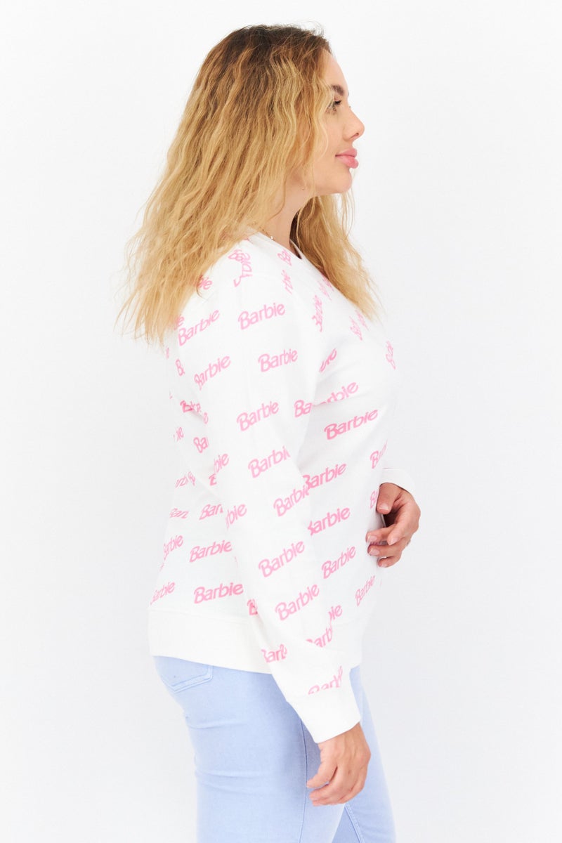 Barbie Women Crew Neck Long Sleeve Brand Logo Sweatshirt, White - Image 3