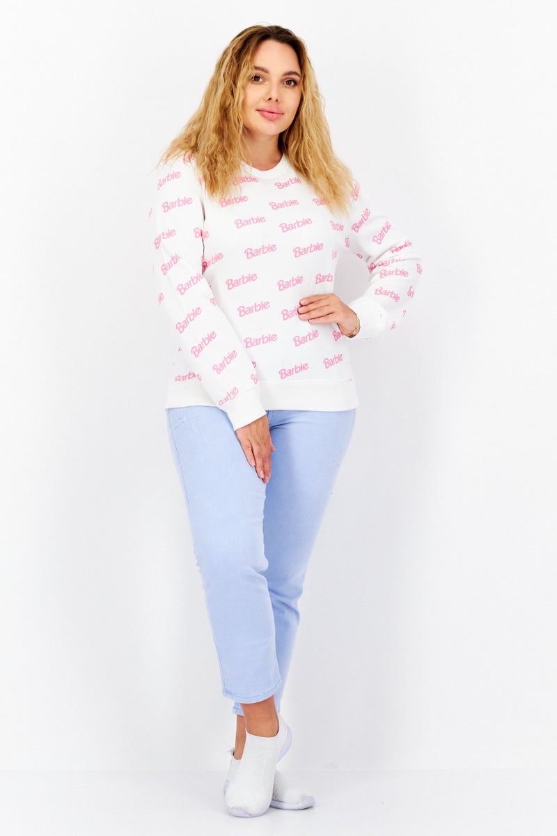 Barbie Women Crew Neck Long Sleeve Brand Logo Sweatshirt, White - Image 4