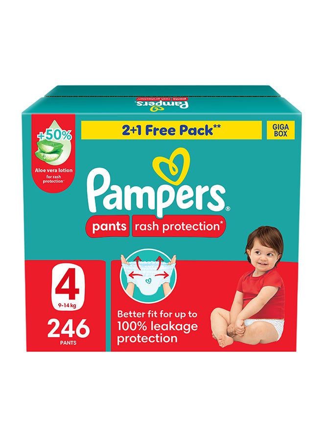 Pampers Rash Protection Pants Diapers, Size 4, 9-14kg, +50% Aloe Vera Lotion, 360° Leak-Free Fit for up to 100% Leakage Protection, Giga Box, 246 Count - Image 1