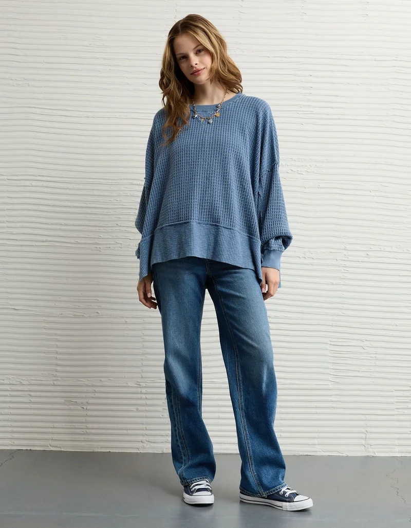 American Eagle AE Big Hug Crew Neck Waffle Sweatshirt