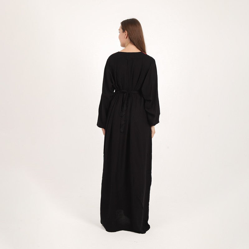 BEBO Women's long dress with embroidery on the chest and long sleeves, one size fits most (approximately 60-85 kg)_Black - Image 4