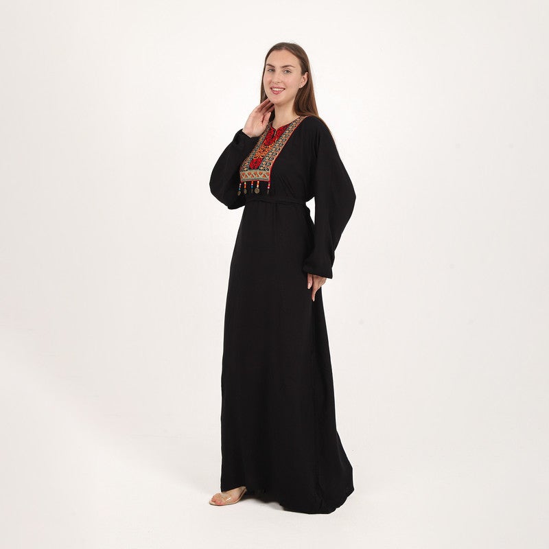 BEBO Women's long dress with embroidery on the chest and long sleeves, one size fits most (approximately 60-85 kg)_Black - Image 3