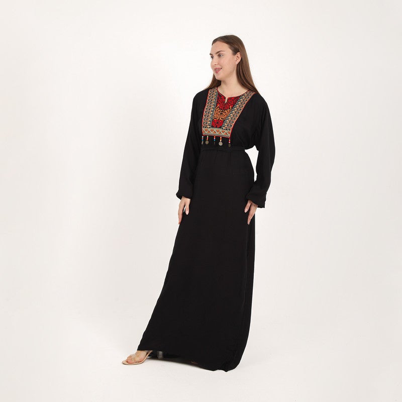 BEBO Women's long dress with embroidery on the chest and long sleeves, one size fits most (approximately 60-85 kg)_Black - Image 2