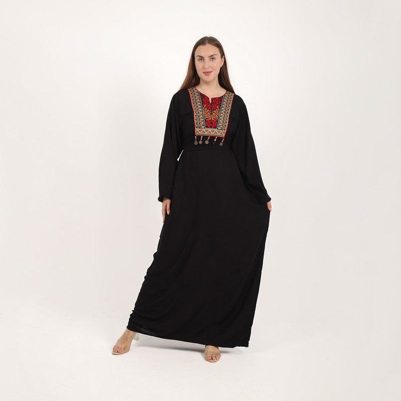 BEBO Women's long dress with embroidery on the chest and long sleeves, one size fits most (approximately 60-85 kg)_Black - Image 1