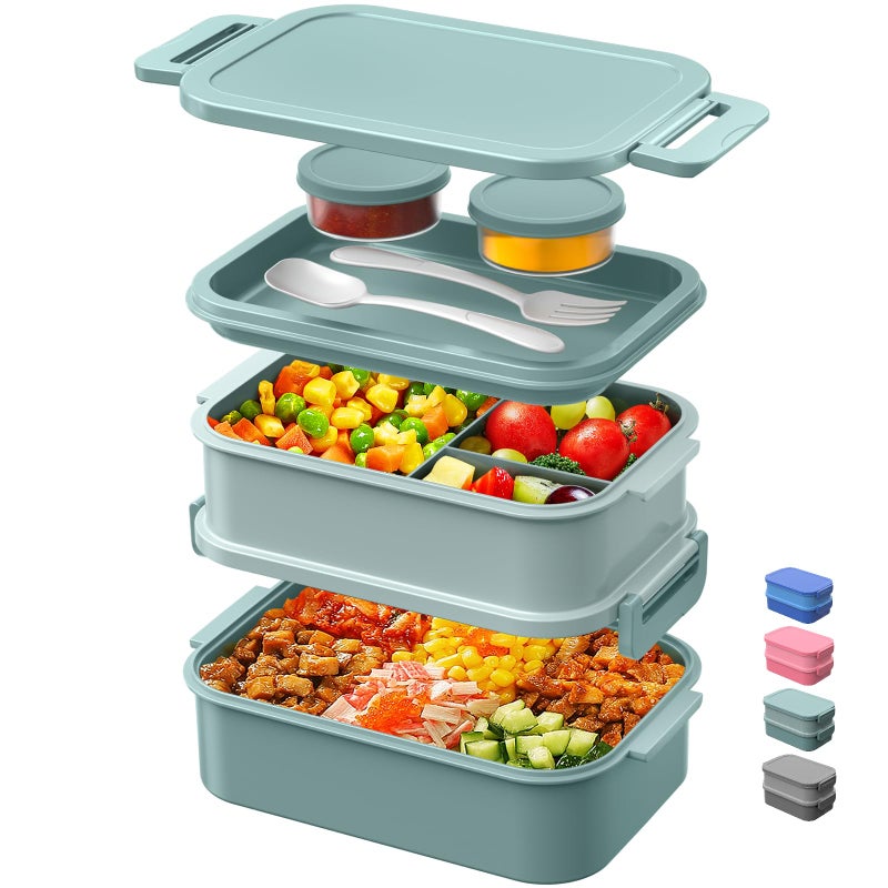 DaCool Lunch Box Adults Bento Box 74 OZ AllinOne Stackable Lunch Box Containers for Adult Large Bento Box with Fork Spoon Sauce Boxes Leakproof Lunchbox for Work School Dining Out MorandiGreen