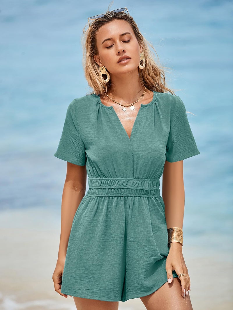 Simplee Apparel Simplee Women's Summer Rompers Dressy Casual Short Sleeve Cute Rompers Empire Waist Flowy Romper Dress (Teal M) - Image 5