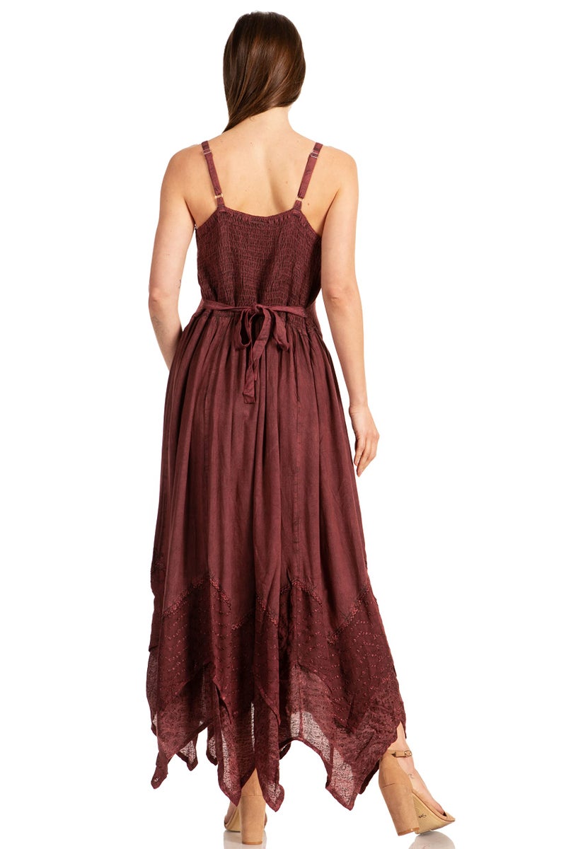 Sakkas Rayon Embroidered Stonewashed Adjustable Spaghetti Straps Long Dress - Chocolate - 1X/2X - Image 2