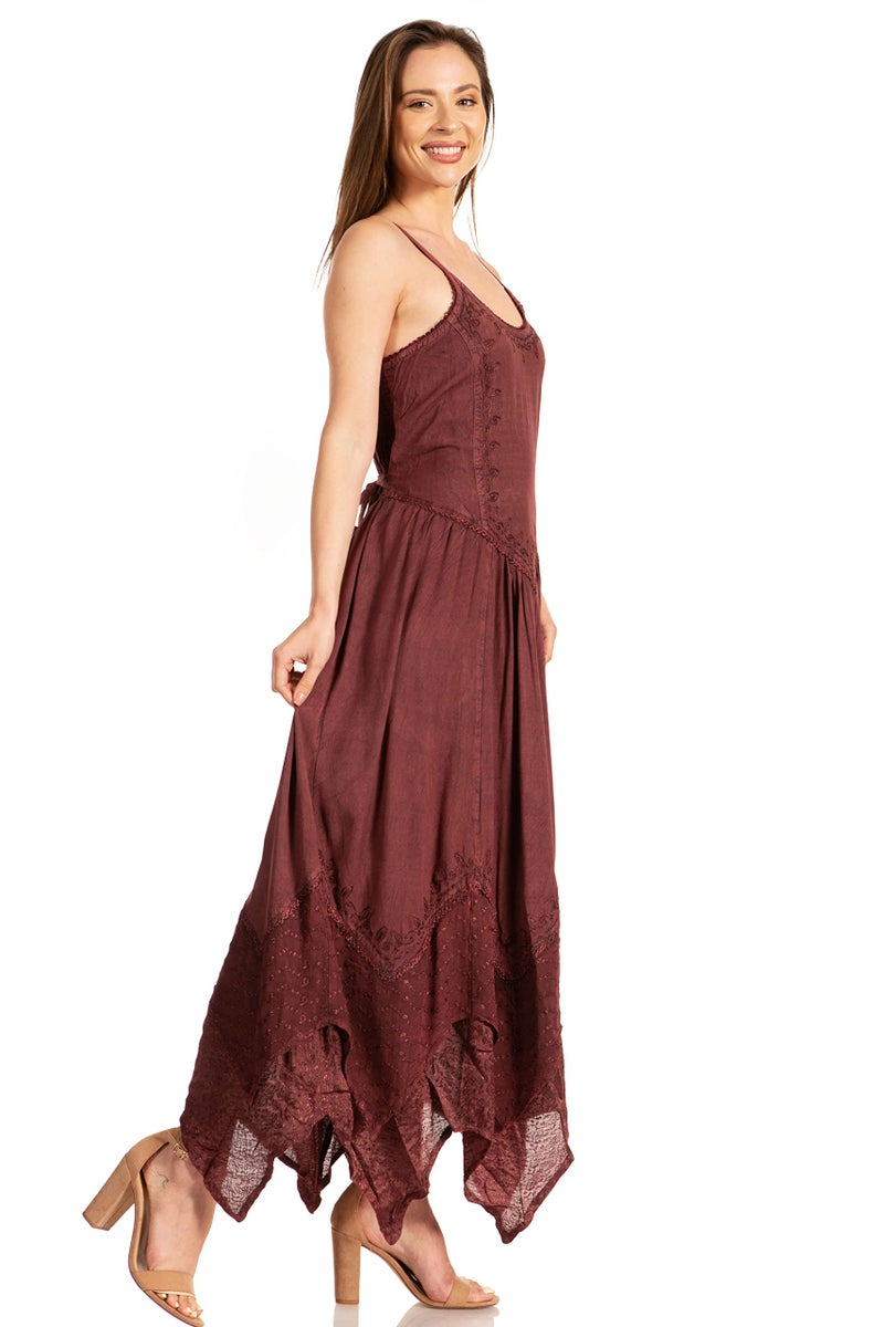 Sakkas Rayon Embroidered Stonewashed Adjustable Spaghetti Straps Long Dress - Chocolate - 1X/2X - Image 3