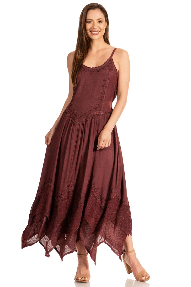 Sakkas Rayon Embroidered Stonewashed Adjustable Spaghetti Straps Long Dress - Chocolate - 1X/2X - Image 5