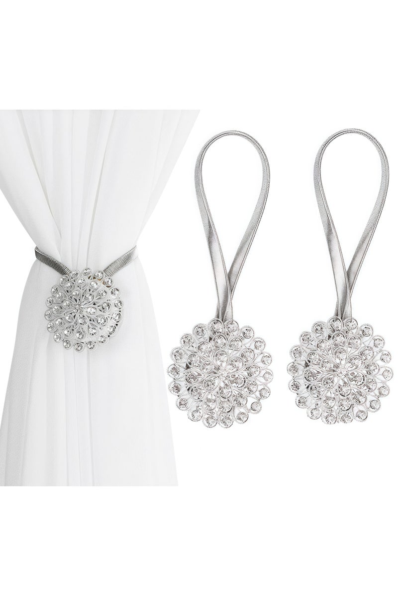 Two pieces of starry sky rhinestone spring magnetic curtain buckles, curtain straps, magnetic curtain buckles, curtain buckles, magnetic curtain buckles are simple, stylish and durable, suitable for curtain fixing, curtain decoration, curtain accessories, office curtains, silver  - Image 1