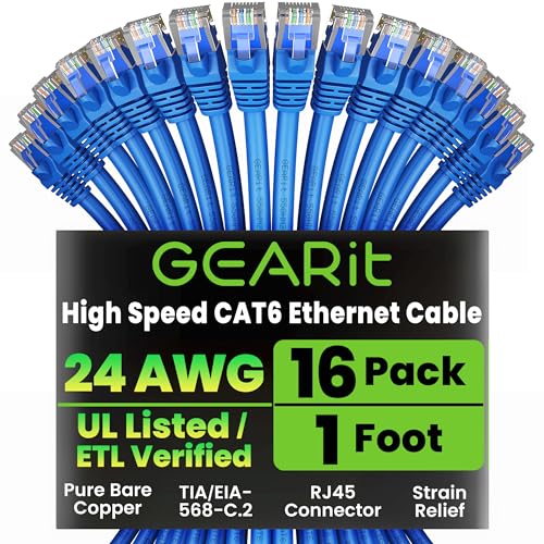 GearIT Cat 6 Ethernet Cable Pack - 16-Pack 1 ft Cat6 Ethernet Patch Cables | RJ45 Network Patch Cable, 10 Gbps Snagless Gold-Plated Connectors - Ethernet Cable Cat 6 for PC, TV, Router - Blue - Image 1