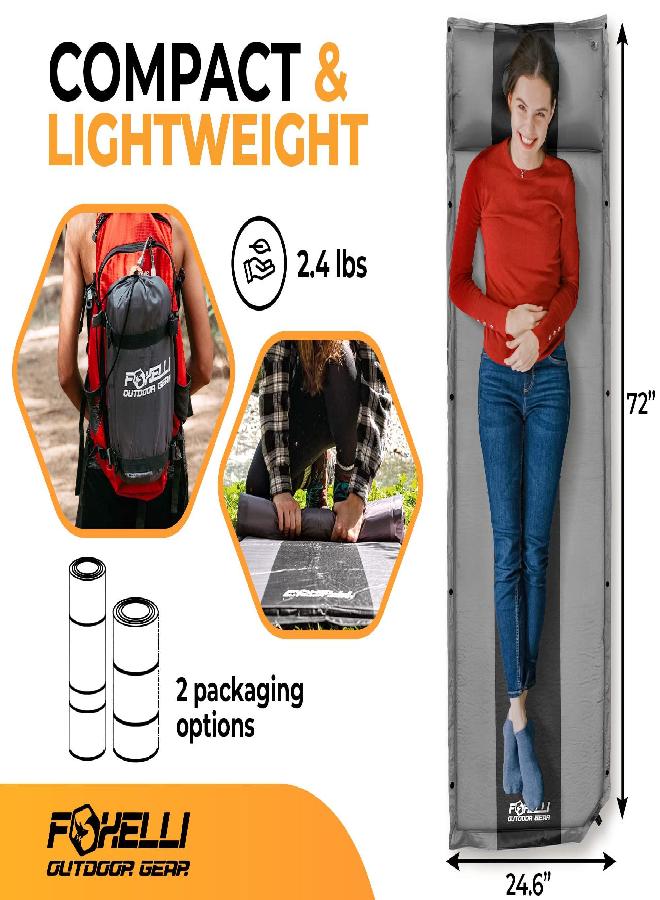 Foxelli Foxelli Self Inflating Sleeping Pad for Camping, Backpacking, Hiking, Insulated Foam Lightweight Camping Mat, Inflatable Camp Mattress with Pillow - Image 4