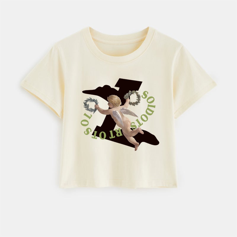 Back Bag Collar Short Short Sleeve T-Shirt Women'S New Printed Round Neck Slim-Fit Slim-Fit T-Shirt - Image 3