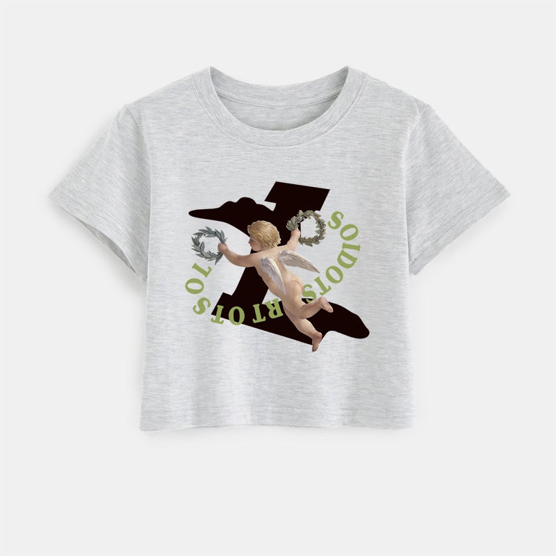Back Bag Collar Short Short Sleeve T-Shirt Women'S New Printed Round Neck Slim-Fit Slim-Fit T-Shirt - Image 4