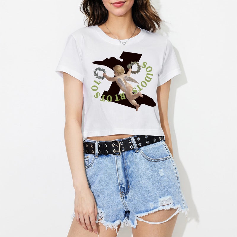 Back Bag Collar Short Short Sleeve T-Shirt Women'S New Printed Round Neck Slim-Fit Slim-Fit T-Shirt - Image 2